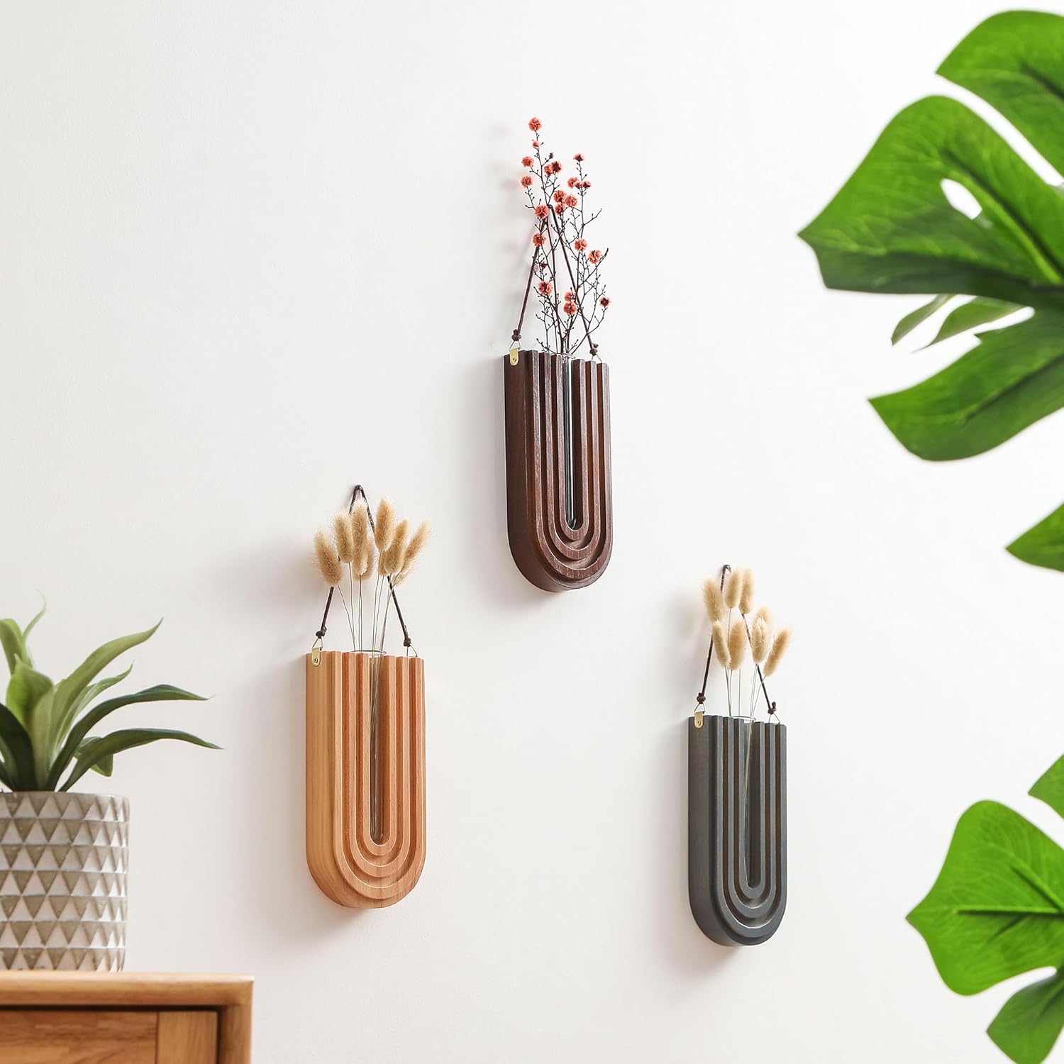 Wood Wall Planter Indoor, Propagation Station, Wooden Hanging Vase for Dried Flowers, Plant Holder, Boho Wall Décor for Living Room Rainbow U Shape (Set of 3) - Image 7