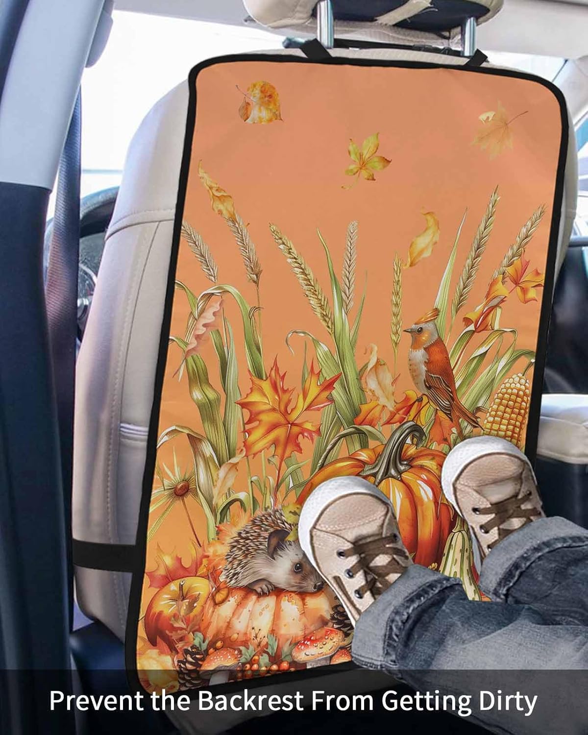Car Seat Protector, 2 Pack Kick Mats Back Seat Protector Fall Thanksgiving Pumpkin Wheat Hedgehog Robin Orange Waterproof Backseat Cover for Kids Universal Fit Automotive Interior Protectors