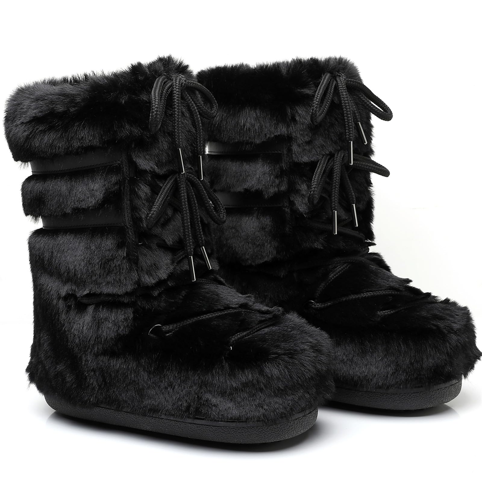 Womens Snow Boots Fuzzy Furry Fluffy Fur Boots with Faux Fur Lined Winter Mid-calf Lace-up White Black Pink