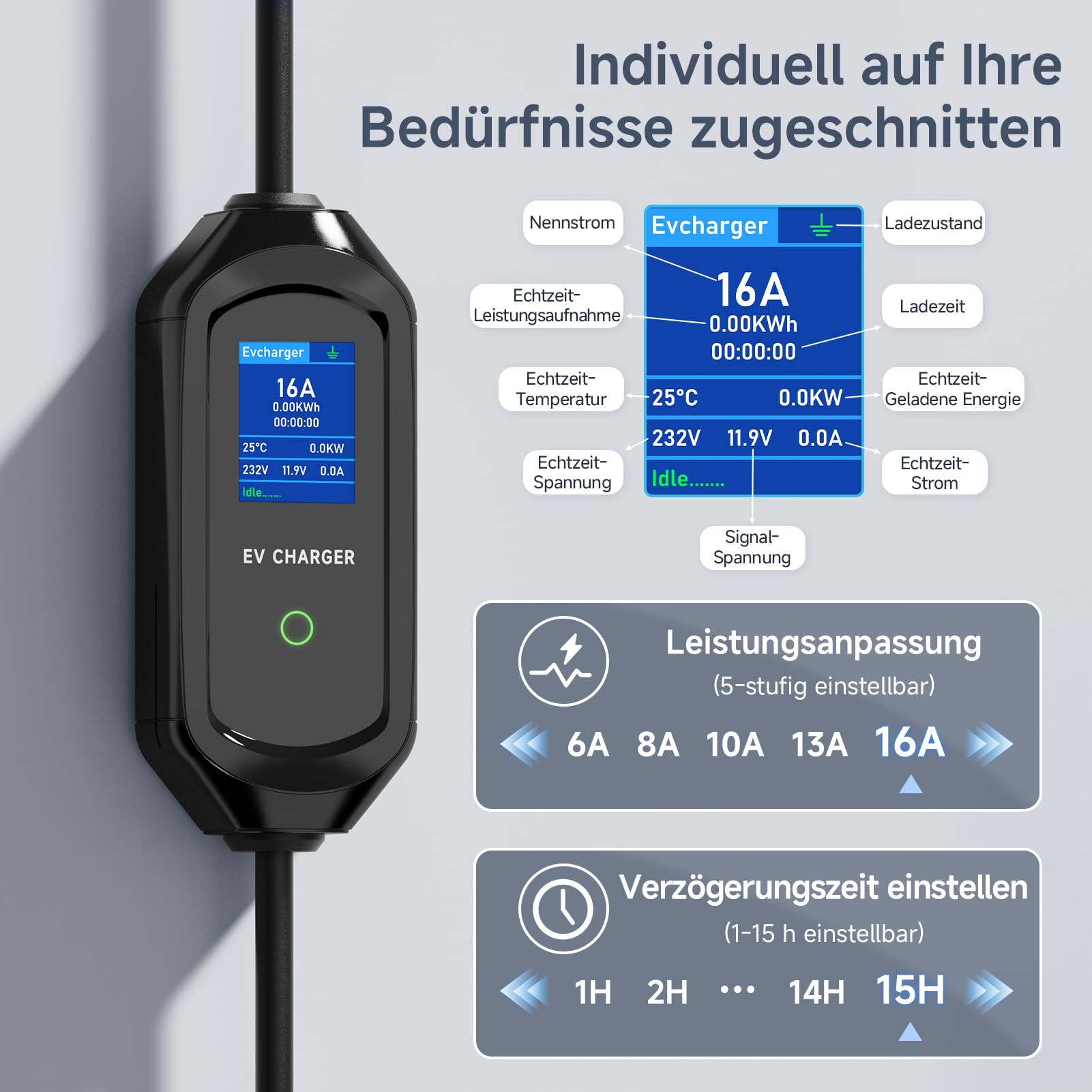 Mobile Wallbox 11 kW, tipo 2 cavo di ricarica 5 m, 3 fasi, 6-16 A, potenza di ricarica regolabile, indicatore LED, IP65, impermeabile, cavo di ricarica portatile CEE 16 A a tipo 2, caricabatterie EV
