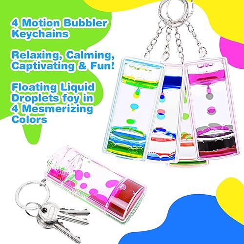 Miniatura 10 de Paquete de 4 llaveros coloridos con burbujas de movimiento líquido, temporizador líquido antiestrés para juegos sensoriales, llaveros de reloj de