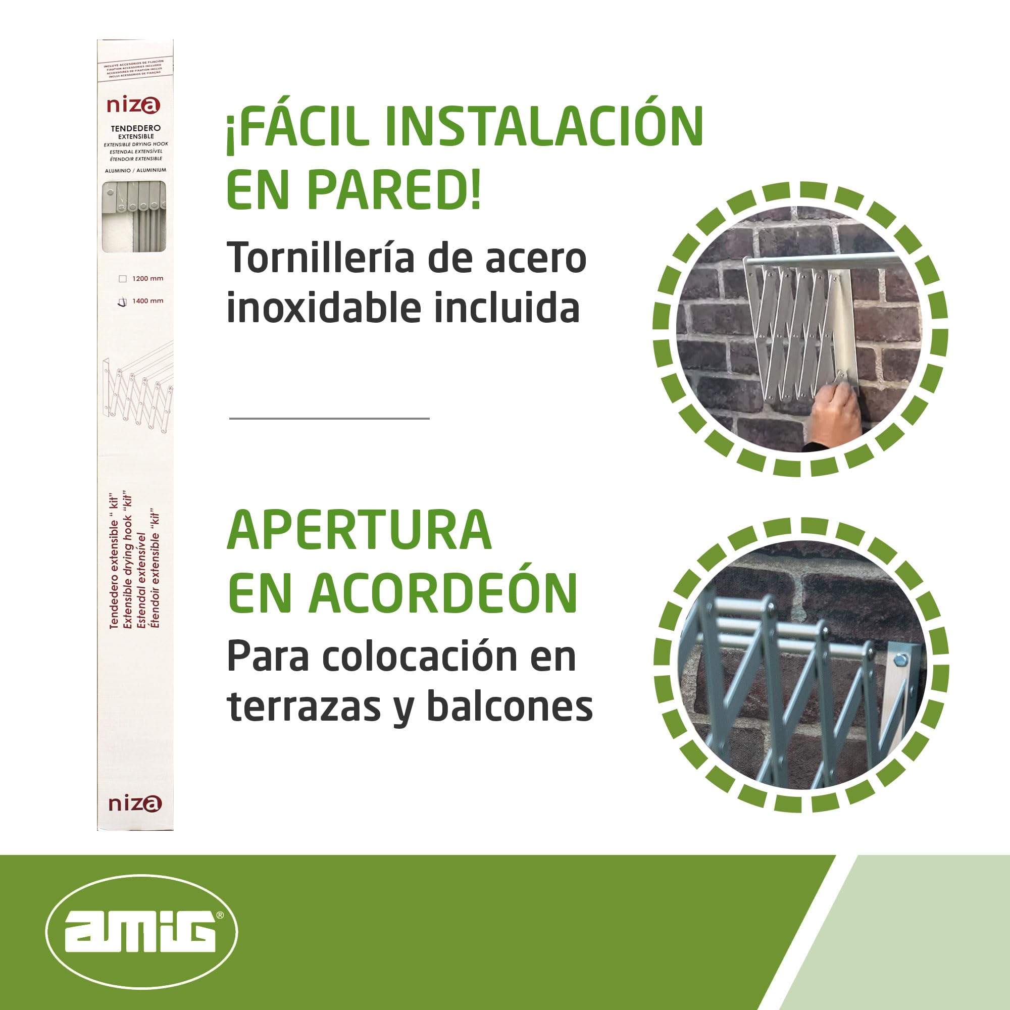 Amig - Tendedero Extensible de Pared Niza - Fabricado en Aluminio de Alta Resistencia - Acabado Inoxidable - Medidas: 120x14x3cm - Tenderete de Ropa Exterior Plegable