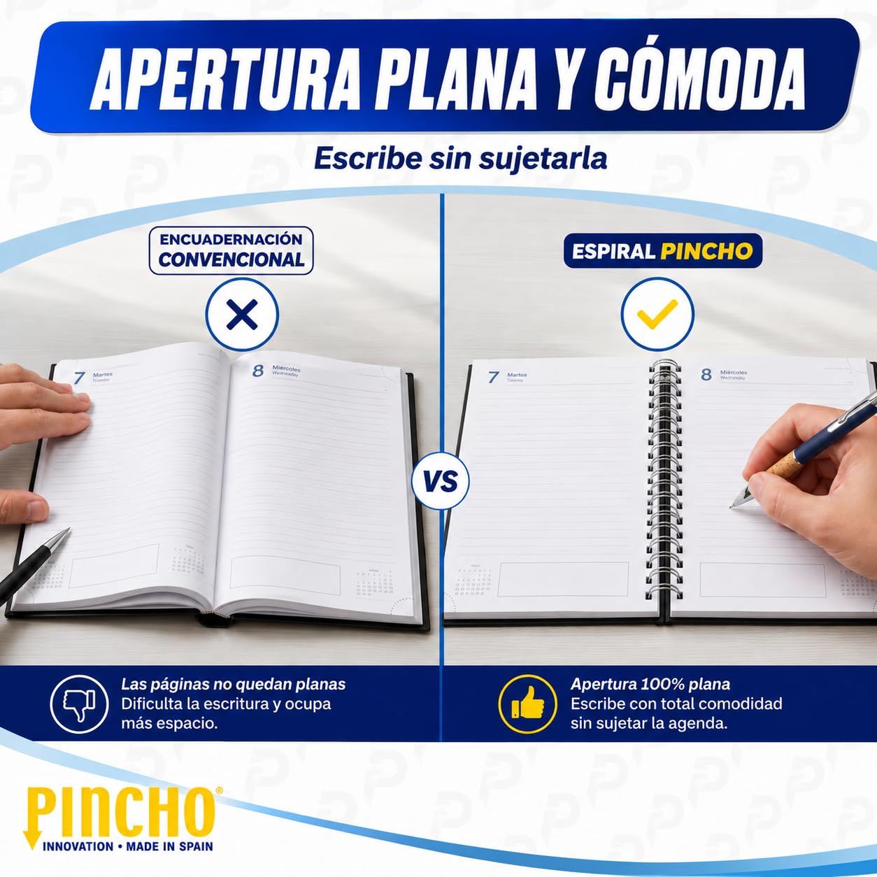 Pincho Agenda annuel 2026 journalier à spirale 24,5 x 19,5 cm, B5 avec couverture rigide, agenda journalier, sab. et dim. même page, calendrier, agenda scolaire (Marino)