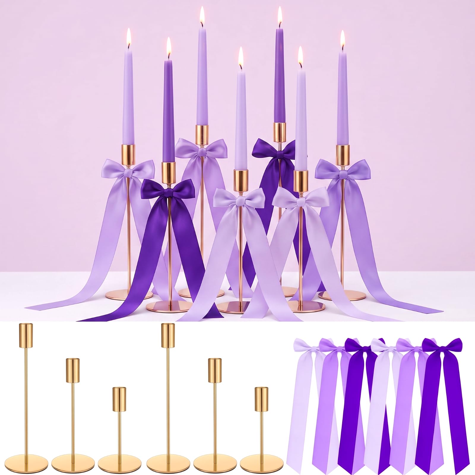 6 Set Purple Party Decorations, 6 Candle Holders and 6 Ribbon Bow, Metal Brass Gold Candlestick Holders for Table Wedding Bachelorette Birthday Party Supplies