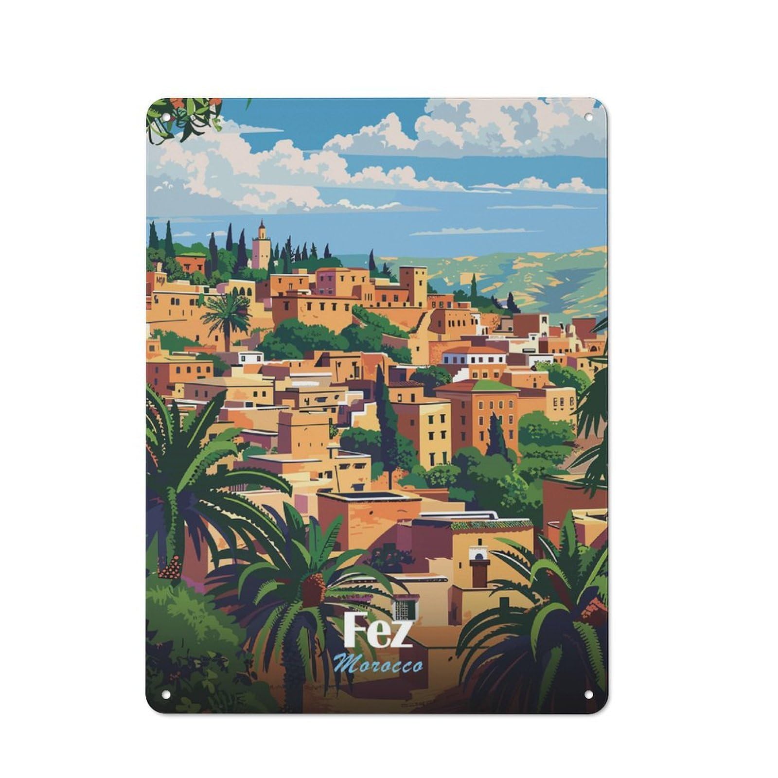 Junmoney Style-19 40X30cm Retro Metal Sign With Fez Morocco Travel Poster For Man Cave Or Games Room, Tin Sign Wall Decor For Games Rooms And Man Caves