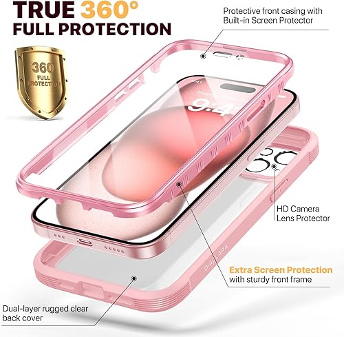 Miniatura 2 de Diaclara Funda diseñada para iPhone 15 Plus de 6.7 pulgadas, funda resistente de cuerpo completo con protector de pantalla integrado sensible al