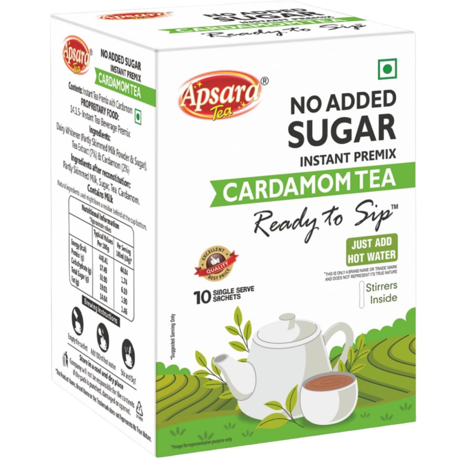 Instant Premix Natural Cardamom (Elaichi) Tea - 10 Sachets | No Sugar Added Cardamom Instant Tea Box (10 x 10 g)
