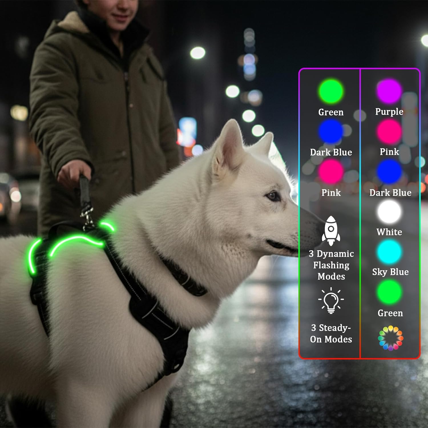 Light Up Dog Harness, Multicolor Illuminated LED Dog Harness with 7 Lighting Modes, No Pull Rechargeable Safety Vest with Handle for Medium Large Dogs, Waterproof & Adjustable, Large