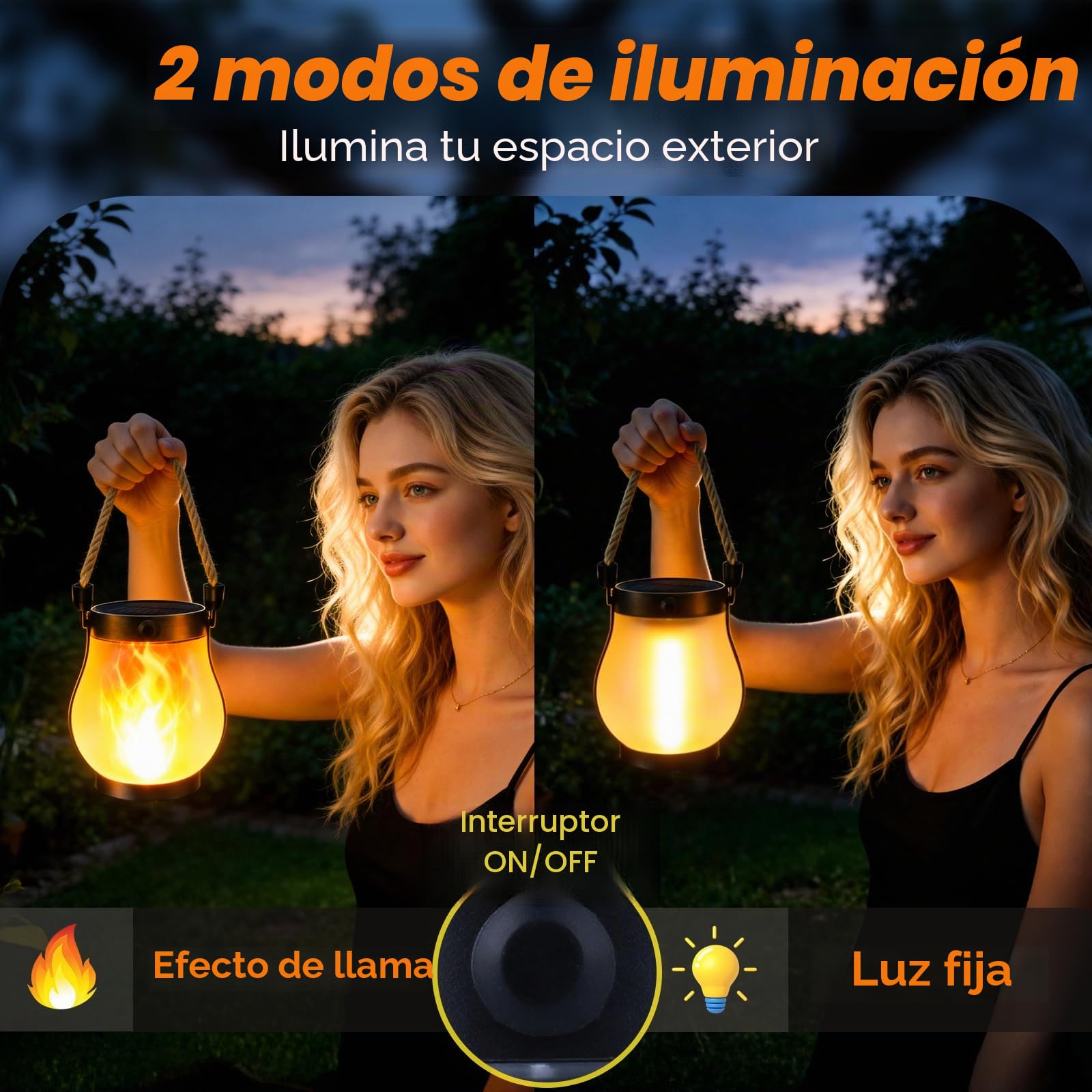 2 Piezas Farolillos Solares llama Exterior,Llama Danzante Faroles Colgantes Impermeables con Cuerda de Cáñamo, IP64 para Campamento, Jardín, Mesa Exterior, Patio, Balcón