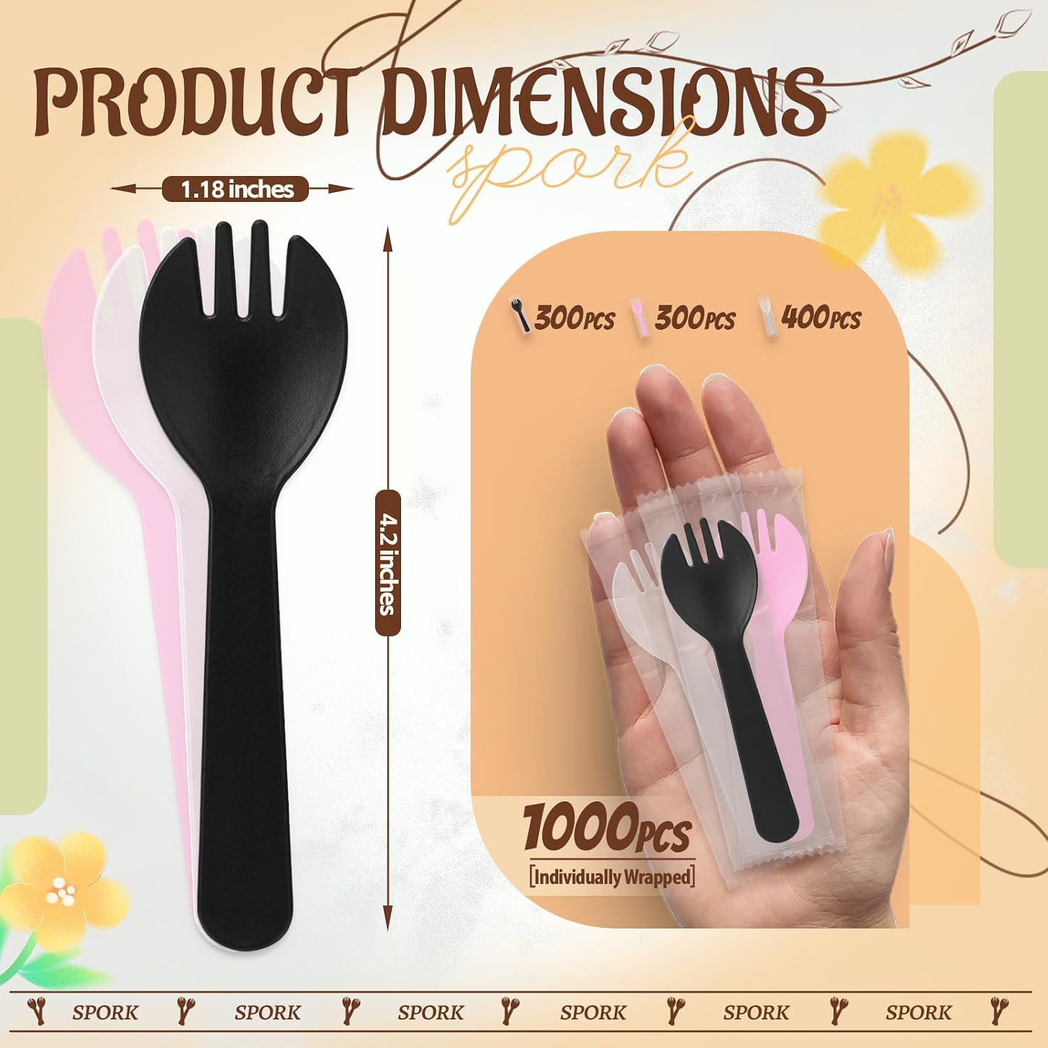 1000 Pack Clear, Black & Pink Plastic Sporks, 4.2 Inch 2 in 1 Utensils, Individually Wrapped Disposable Mini Fork Spoon for Restaurants, Desserts, Appetizer, Parties, 3 Colors