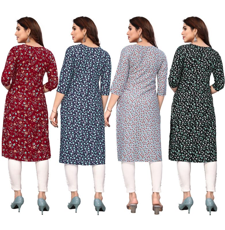 Image of JAKHANA Women's Crepe Printed Casual Straight Calf Length Round Nick Kurta Pack of 4