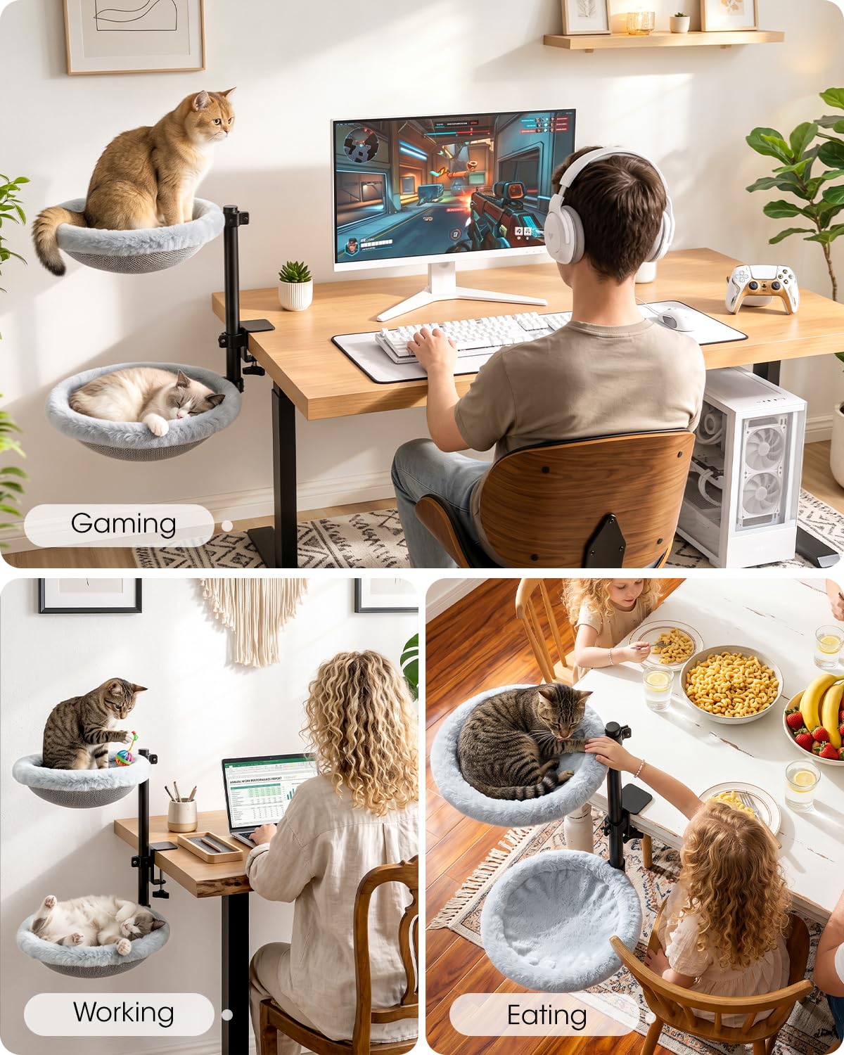 Doppel Katzenbett für Schreibtisch Höhenverstellbar 360° Drehbar Katzen Hängematte Doppelstöckig mit 2 Bezügen Mesh & Kunstfell Stabiler Stahlrahmen bis 30kg Büro Home Office