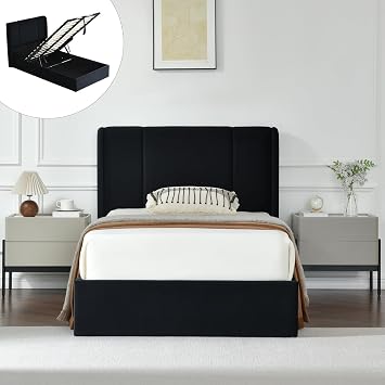 VELOCAVA Twin Lift Up Storage Bed Frame, Velvet-Look Upholstered Bed with Modern Wingback Headboard, Gas Lift Storage, Space Saving Design, No Box Spring Needed, Black