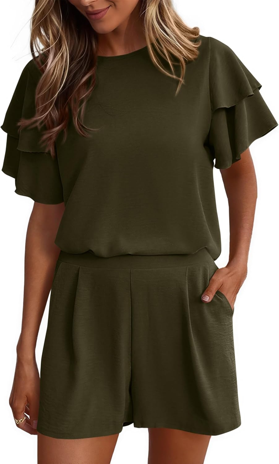 KIRUNDO Two Piece Sets For Women Summer Casual Loose Ruffle Short Sleeve Matching Shorts Sets Beach Vacation Cruise Outfits