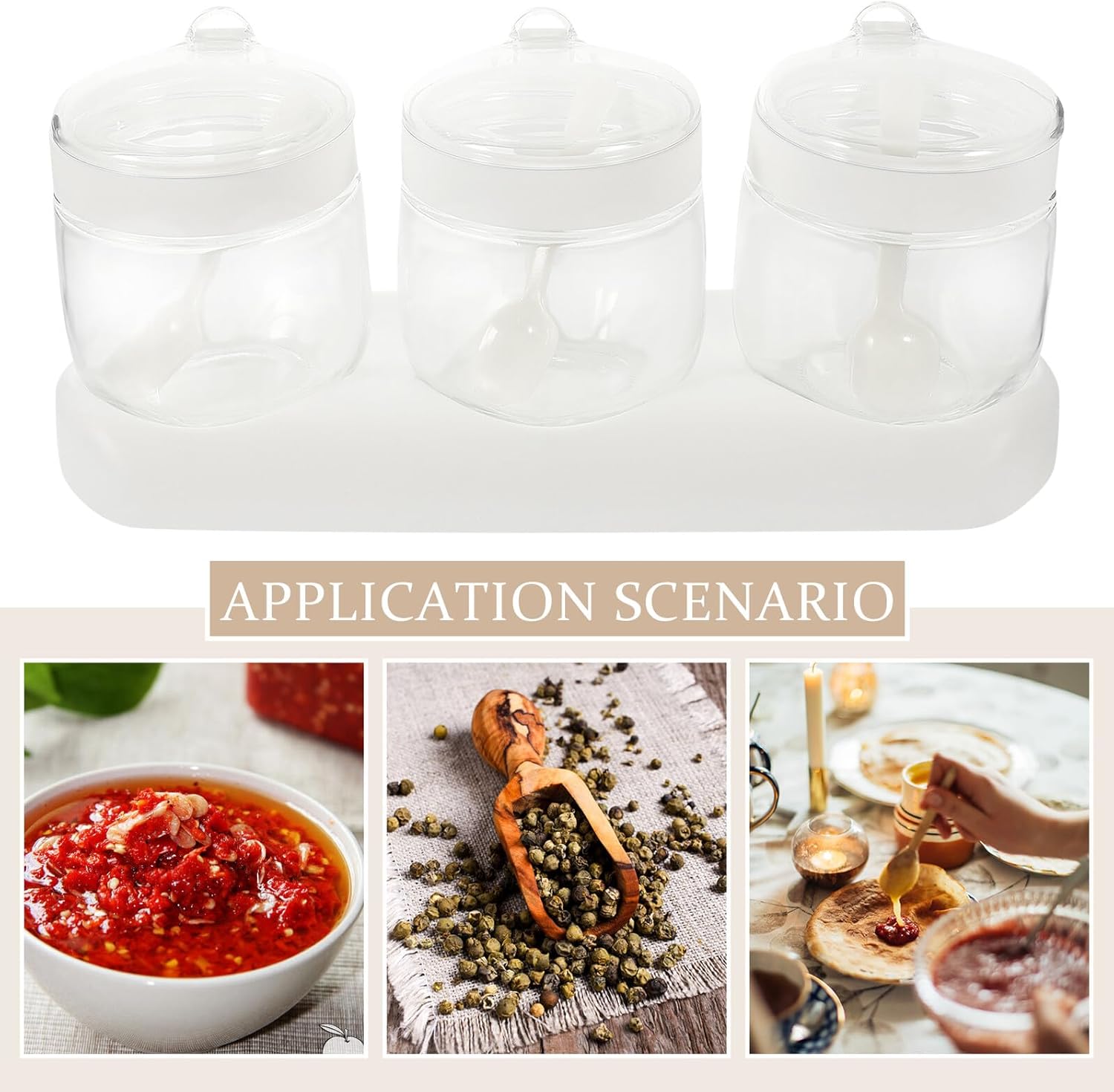 Homoyoyo Glass Seasoning Jar Set with Tray, 350ml Multi-use Salt Container, Lidded Condiment Jars for Kitchen Dining, Small Glass Spice Pots for Home Cooking and Tabletop Use