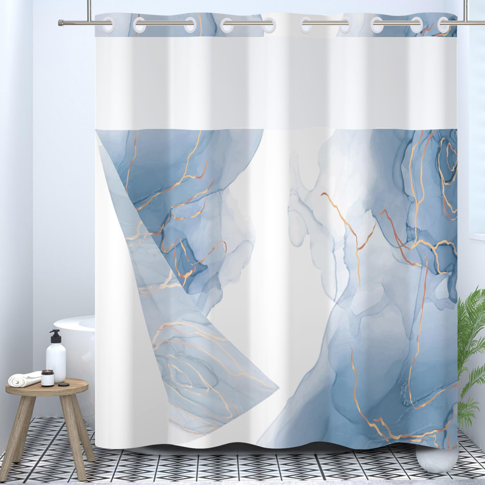 Ttincceer Hook-less Shower Curtain Abstract Blue Marble Shower Curtain with Snap in Liner Abstract Double Layer Modern Bathroom Curtain with See Through Window Waterproof 71x74inch - Image 2