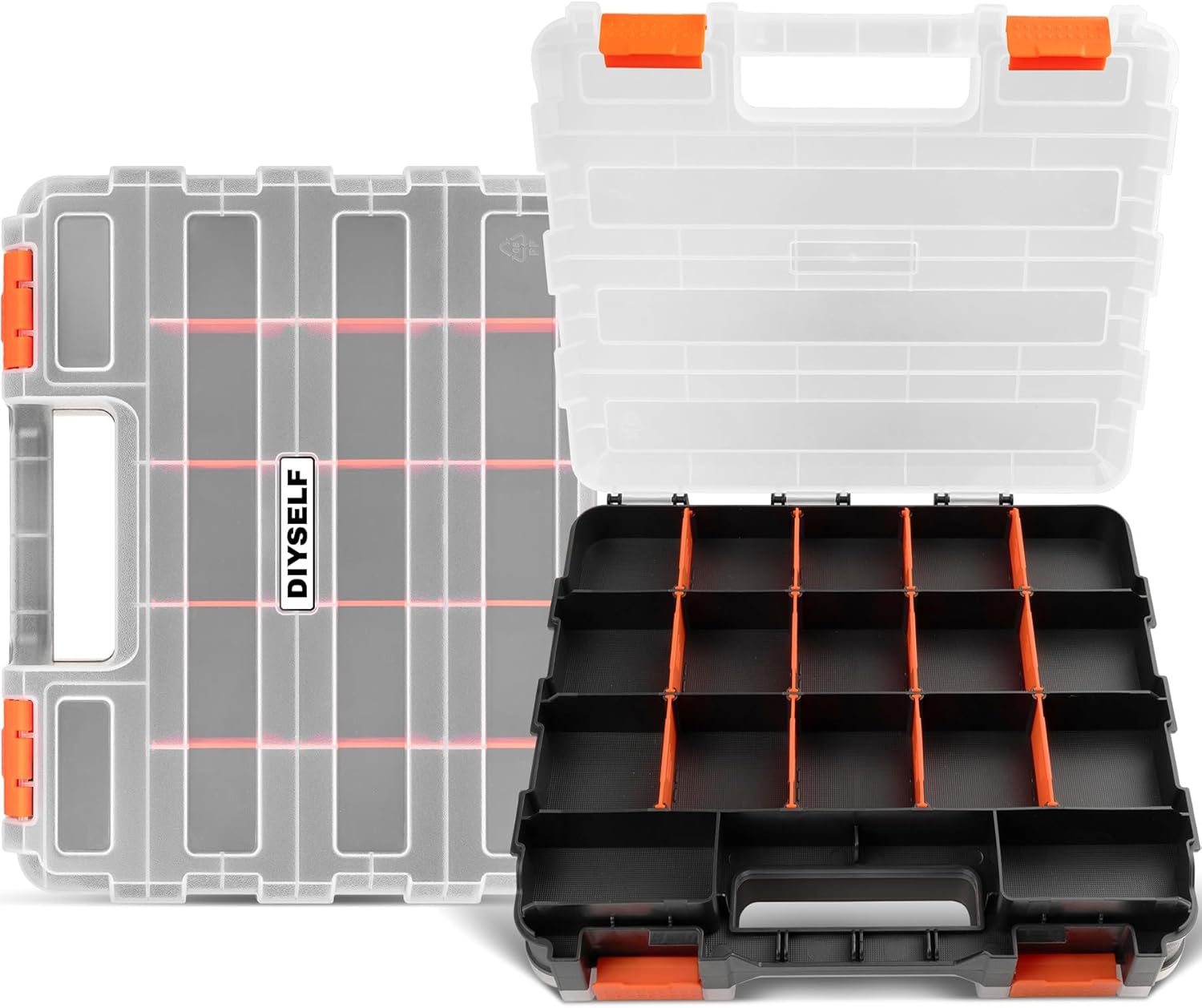 DIYSELF Tool Box, Double-Sided 34-Compartment Tool Organizer, Small Parts Organizer with Adjustable Space, Clear-Lid Small Storage Box for Hardware, Crafts, Beads, Jewelry and Fishing Accessories
