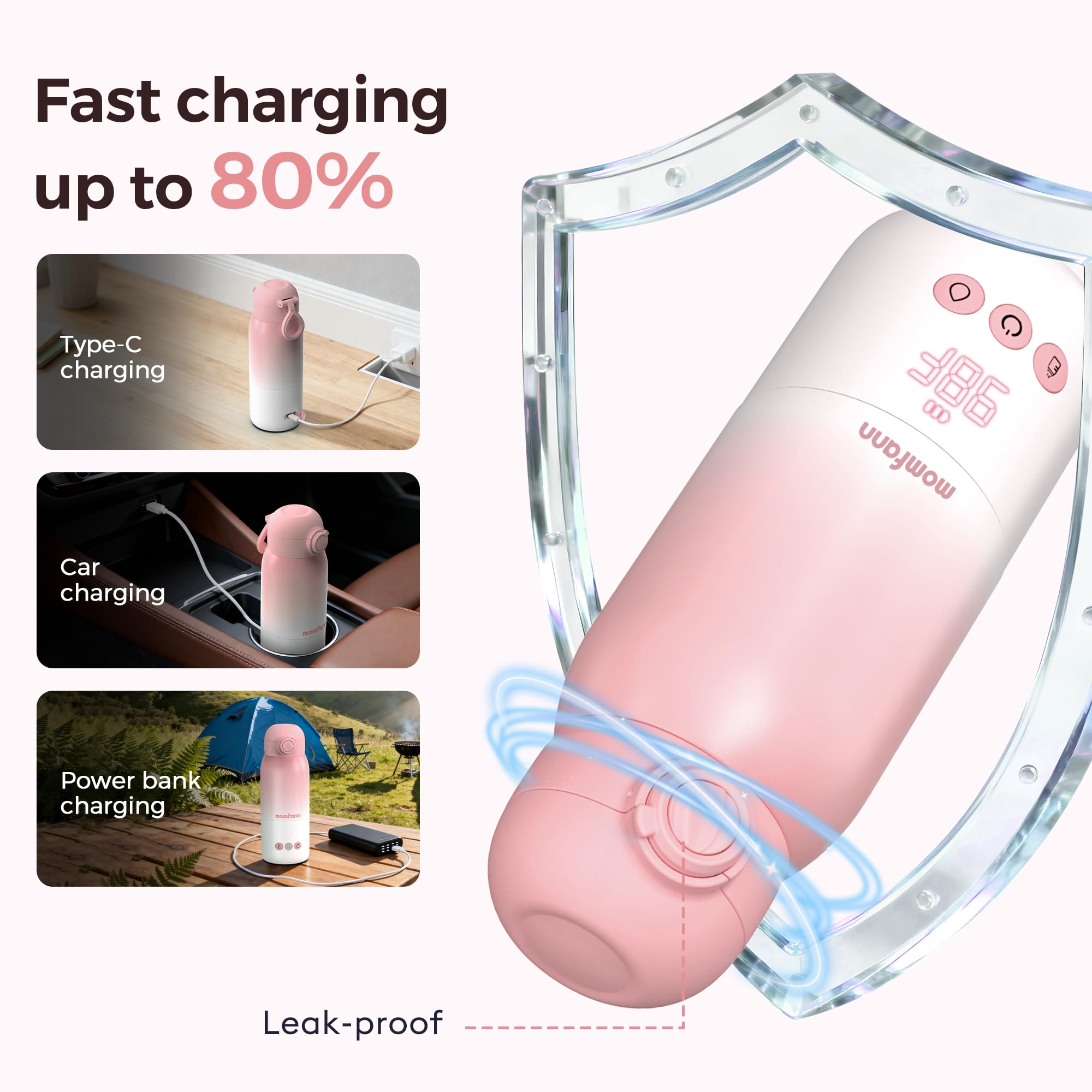 Chauffe-biberon portable de voyage, double modes de chauffage pour le lait maternel et l'eau, chauffe-lait en bouteille portable avec chauffage rapide et batterie longue durée, grande capacité de 350