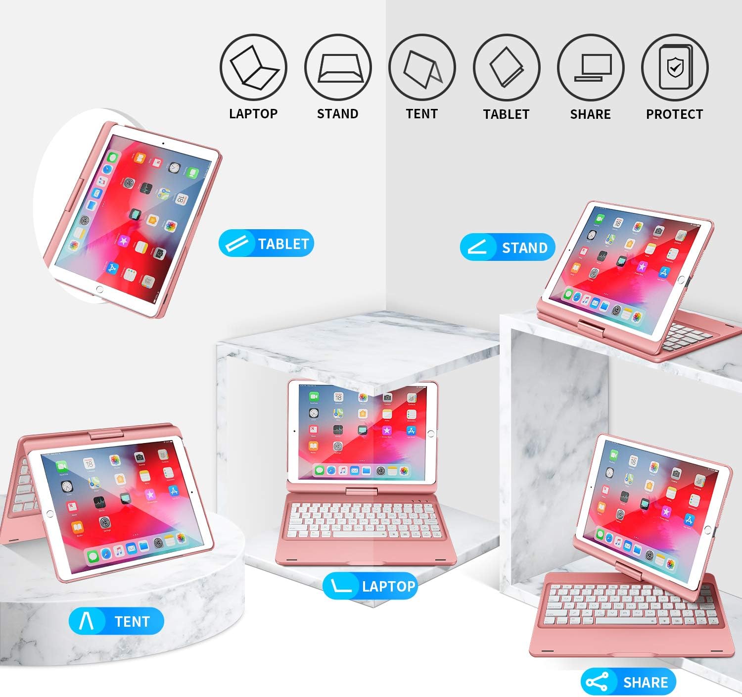BABG Keyboard Case for iPad 6th/5th 9.7inch, iPad Pro 9.7, iPad Air 2, iPad Air 1,360°Swivel,7 Use Modes,Backlight- Metallic Pink - Image 6