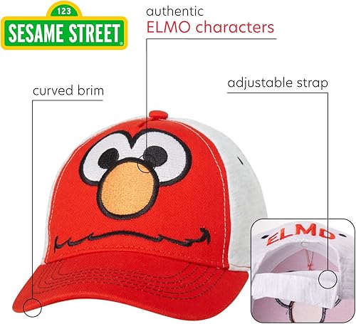 Miniatura 2 de Sesame Street Gorra de béisbol de algodón para niños pequeños - Elmo, Cookie Monster, Big Bird, Oscar The Grouch, Elmo RojoGris