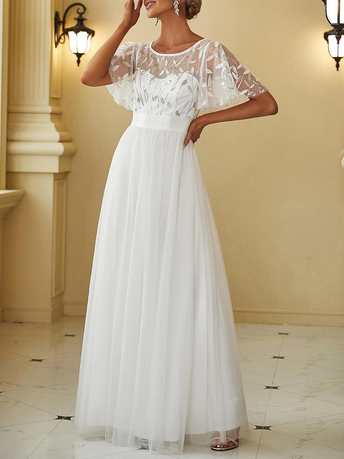 Ever-Pretty Sequin Formal Prom Dresses for Women Ruffle Sleeves Empire Waist A-Line Long Mother of Bride Dress 00904
