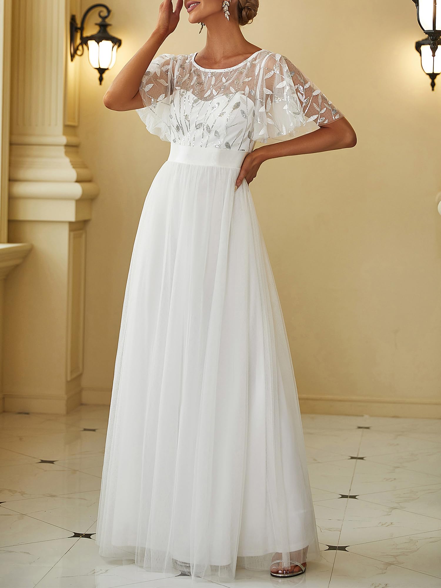 Ever-Pretty Abiti da Cerimonia Stile Impero Maniche Corte Linea ad A Elegante Scollo a Rotondo Donna Tulle 00904