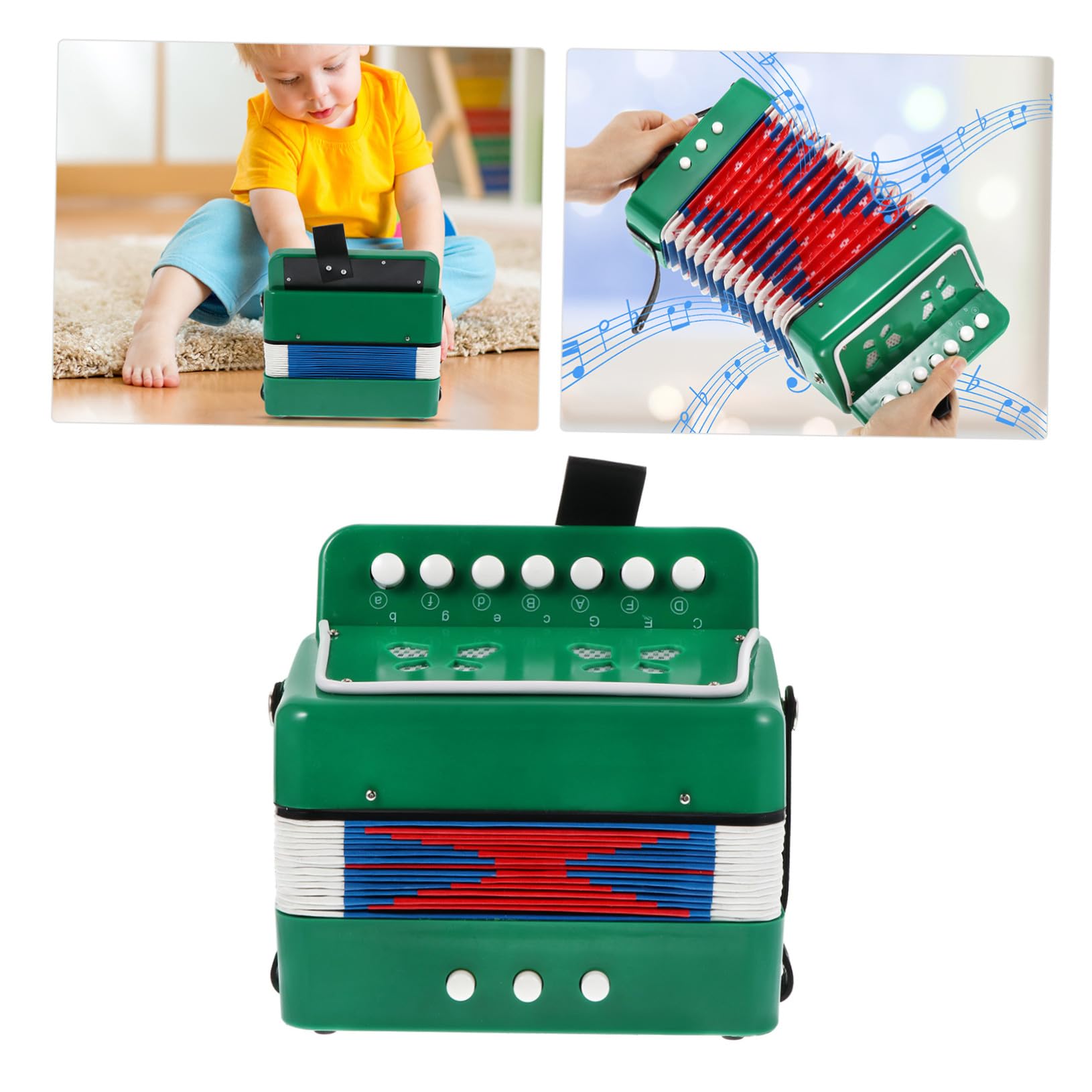 Fisarmonica Giocattolo 7 Tasti in Plastica Verde per Ragazzo Ragazza | Mini Strumento Introduttivo, Stile Adorabile e Creativo, per Musica e Gioco Educativo