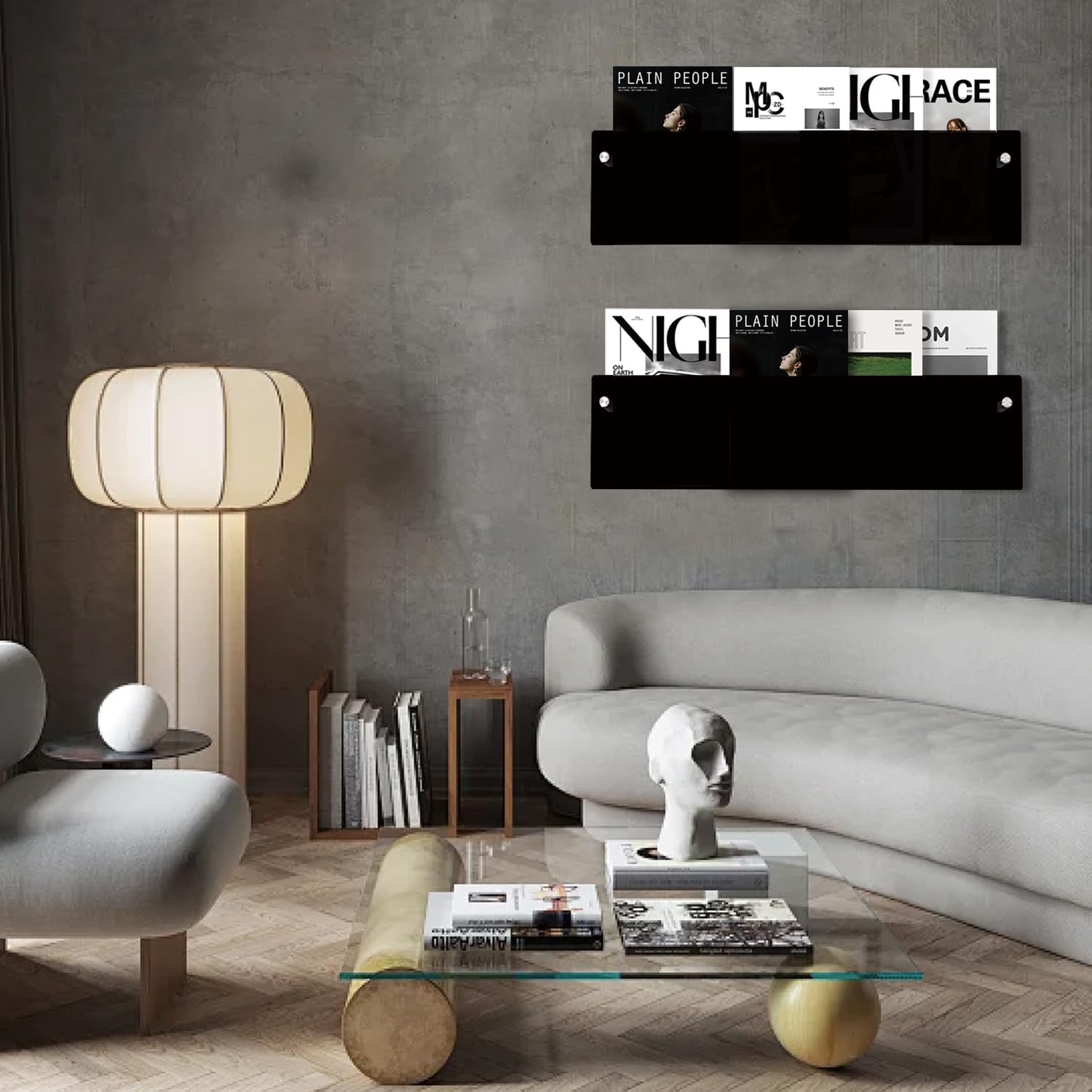 2-Pack 24 Inch Black Acrylic Magazine Holder, Wall Mounted Magazine Rack & Floating Bookshelf, Modern Vinyl Records Holder, Nursery Book Shelves for Kids Room, Living Room, Office, with Mounting Kit