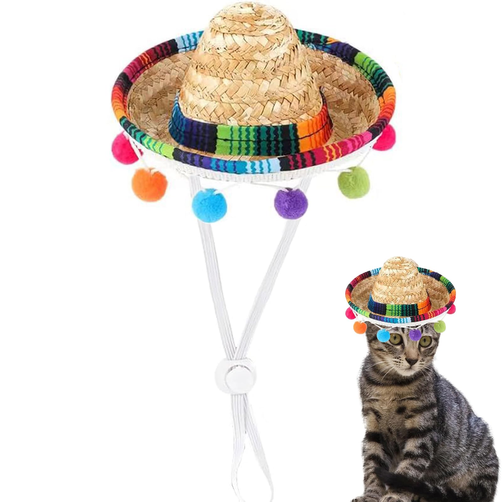 Pet Mexican Hat, Colorful Bobble Ball Tassel, Adjustable Design, Comfortable and Fashionable Dress for Small and Medium-Sized Pets. (Yellow)