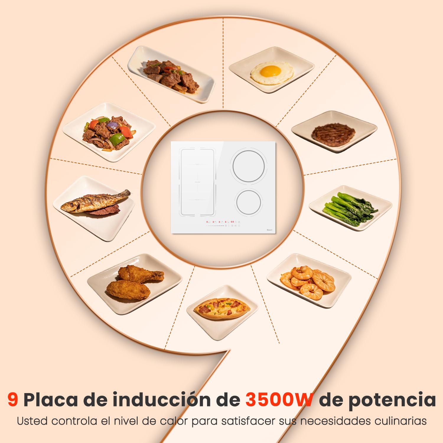 Placa Inducción 4 Fuegos, Vitroceramica Induccion Blanca de 60 cm Empotrable, Flexible, 9 Niveles de Potencia, 3500W, Función de aislamiento Boost, Temporizador, 220-240V | Flexzone, Booster, protección para niños, temporizador, función de pausa, 60 cm, 3