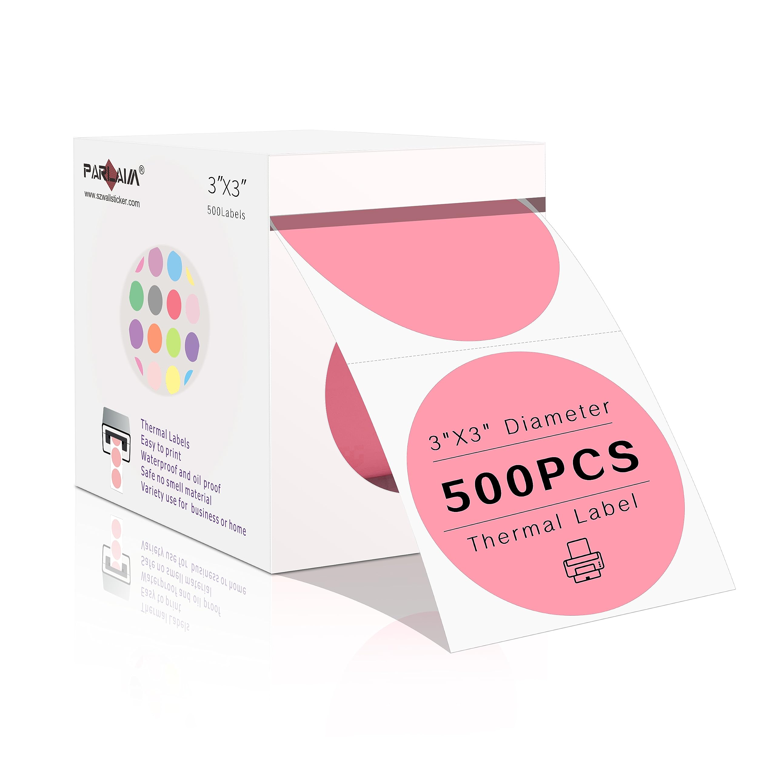 PARLAIM 3 Inch Thermal Direct Labels, Adhesive Roll of 500 Pink Stickers Labels for Barcode, Address, Circle Thermal Labels with Perforation,Package