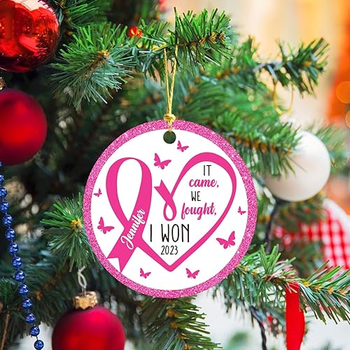 Miniatura 3 de Adorno de Navidad personalizado de sobreviviente de cáncer, con texto en inglés "It Came We Fought I Won", adorno de Navidad personalizado con