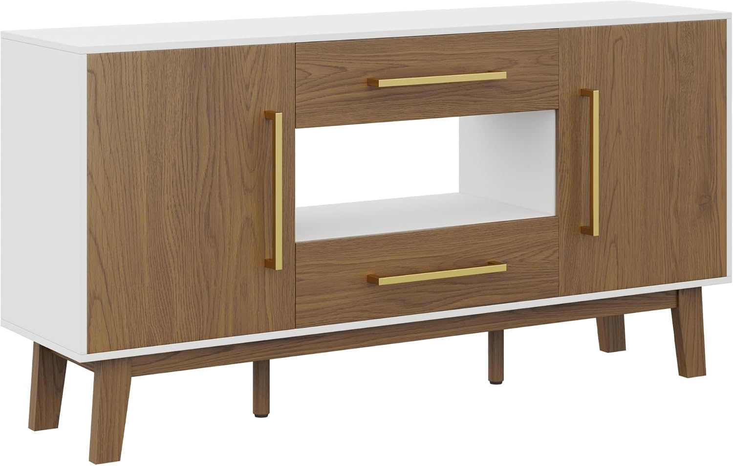 BELLEZE Mid-Century Modern Side Table with Two Drawers and Enclosed Cabinets, Sideboard Buffet Table for Kitchen, Living Room, or Hallway - Tristan (Dark Walnut)