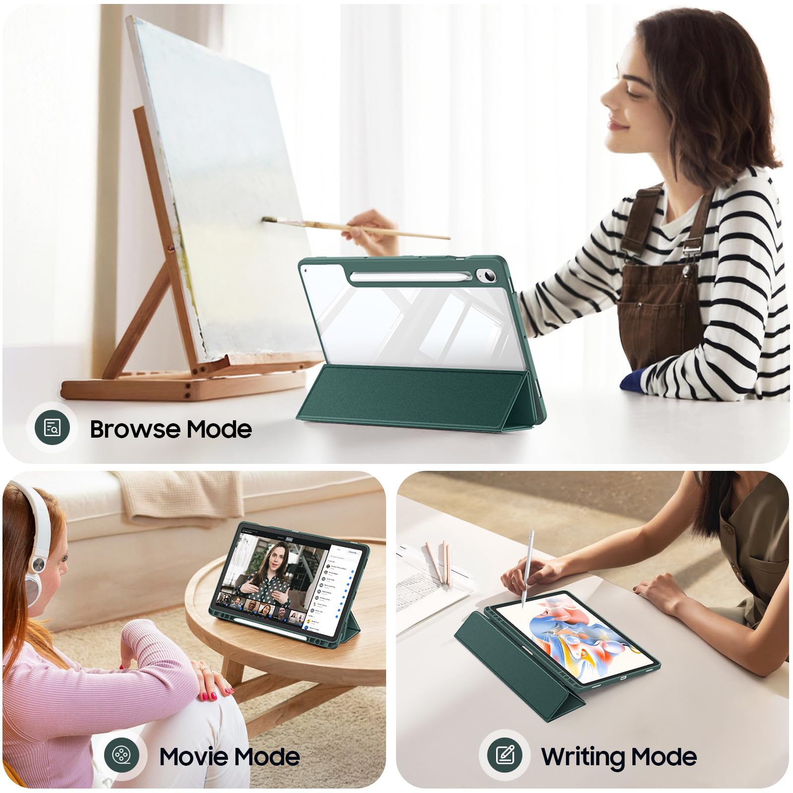 Fintie Hybrydowe etui do tabletu Samsung Galaxy Tab S9 FE 10,9 cala/Tab S9 11 cali 2023 z uchwytem na długopis - odporne na uderzenia etui ochronne z przezroczystą twardą obudową z tyłu, kolor zielony | Odporne na uderzenia etui ochronne z przezroczystą t