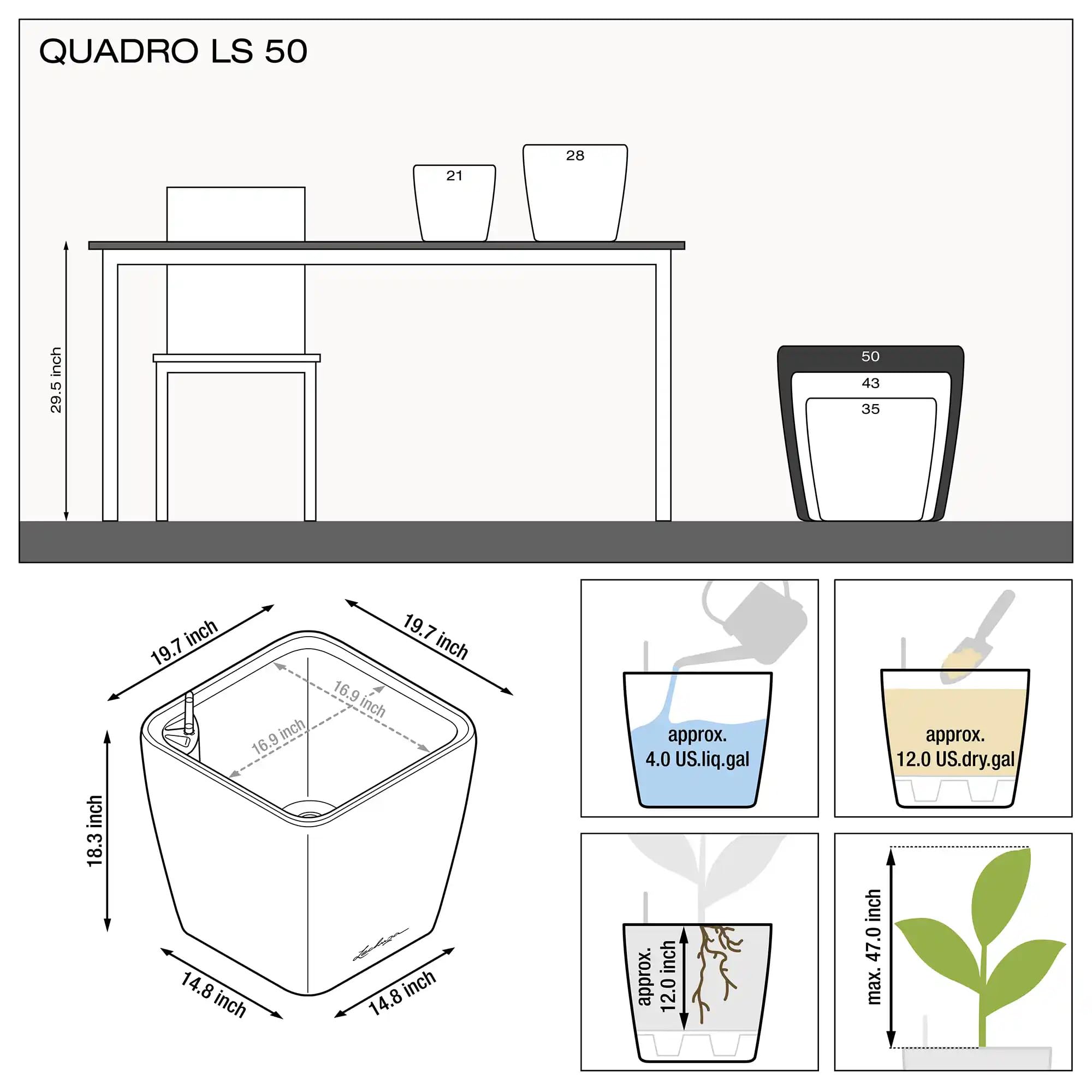 LECHUZA QUADRO LS 50 - Vaso da fiori autoinnaffiante, grande da giardino, per interni ed esterni, con foro di drenaggio e substrato per piante, Bianco lucido