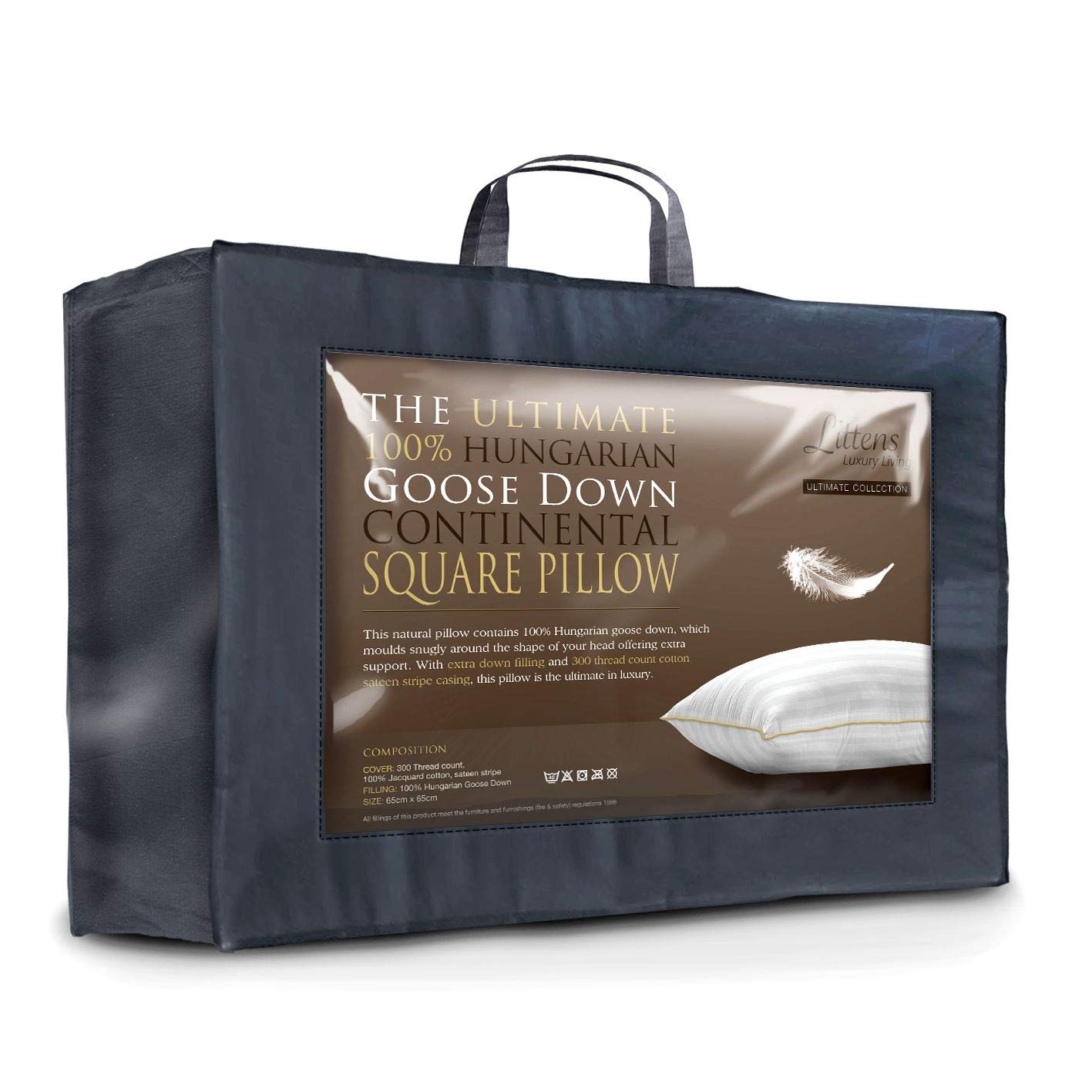 Littens Luxury European Continental 65cm x 65cm Ultimate Collection 100% Hungarian Goose Down Square Pillow 300TC 100% Cotton Jacquard Casing, Down Proof, Gold Piping (26" x 26")