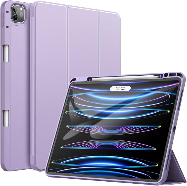 JETech Case for iPad Pro 12.9-Inch (6th/5th Generation, 2022/2021 Model) with Pencil Holder, Support 2nd Pencil Charging, Slim Tablet Cover with Soft TPU Back, Auto Wake/Sleep (Light Purple)