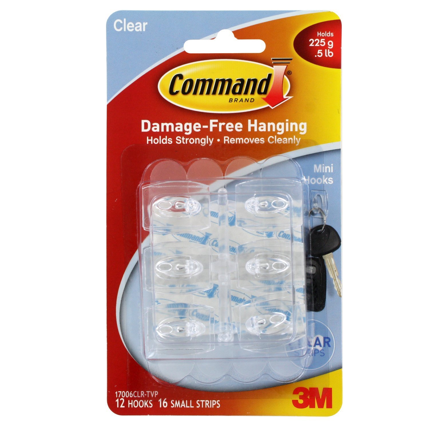 Command Mini Clear Hooks with Clear Strips 17006CLR-VP, 12 Hooks with 16 Adhesive Strips per Pack