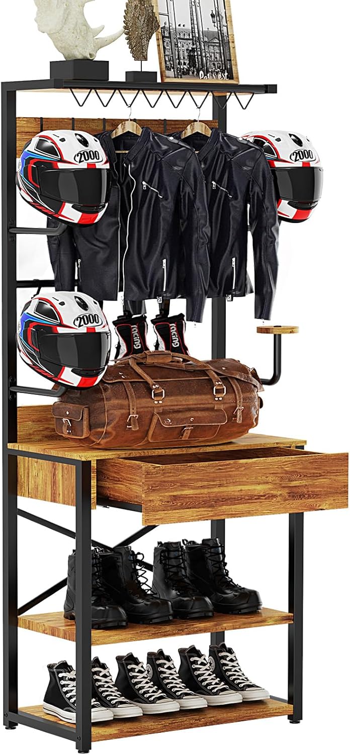 Motorcycle Helmet Holder Floor Standing,72"x24"x14" Large Helmet Rack with Drawer Motorcycle Gear Storage Shelf for Racing Suits,Sports Helmets,Boots & Accessories,Anti-Shake Design