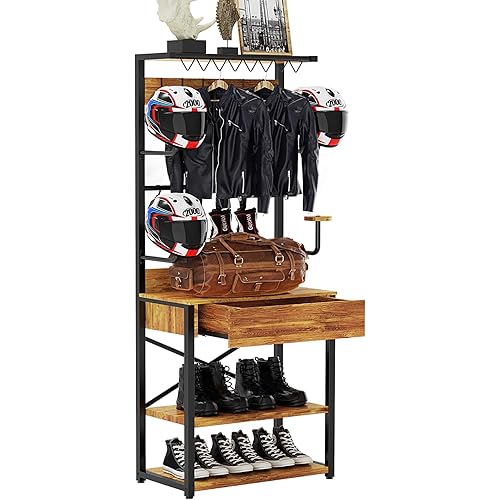 Motorcycle Helmet Holder Floor Standing,72"x24"x14" Large Helmet Rack with Drawer Motorcycle Gear Storage Shelf for Racing Suits,Sports Helmets,Boots & Accessories,Anti-Shake Design