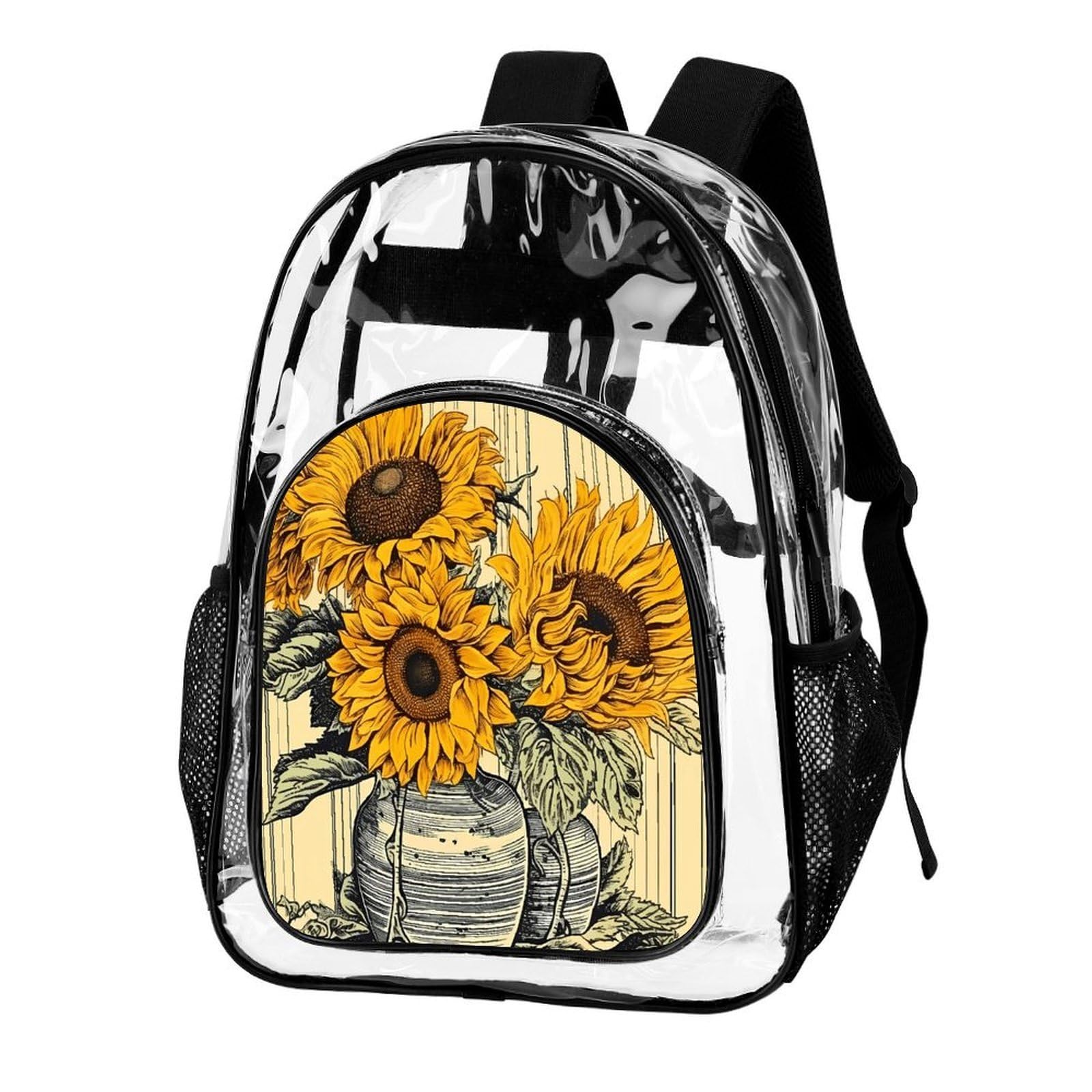 Transparenter Rucksack mit Sonnenblumenmuster, groß, transparent, PVC, Büchertasche für Sicherheit, Arbeit, Reisen, Stadion
