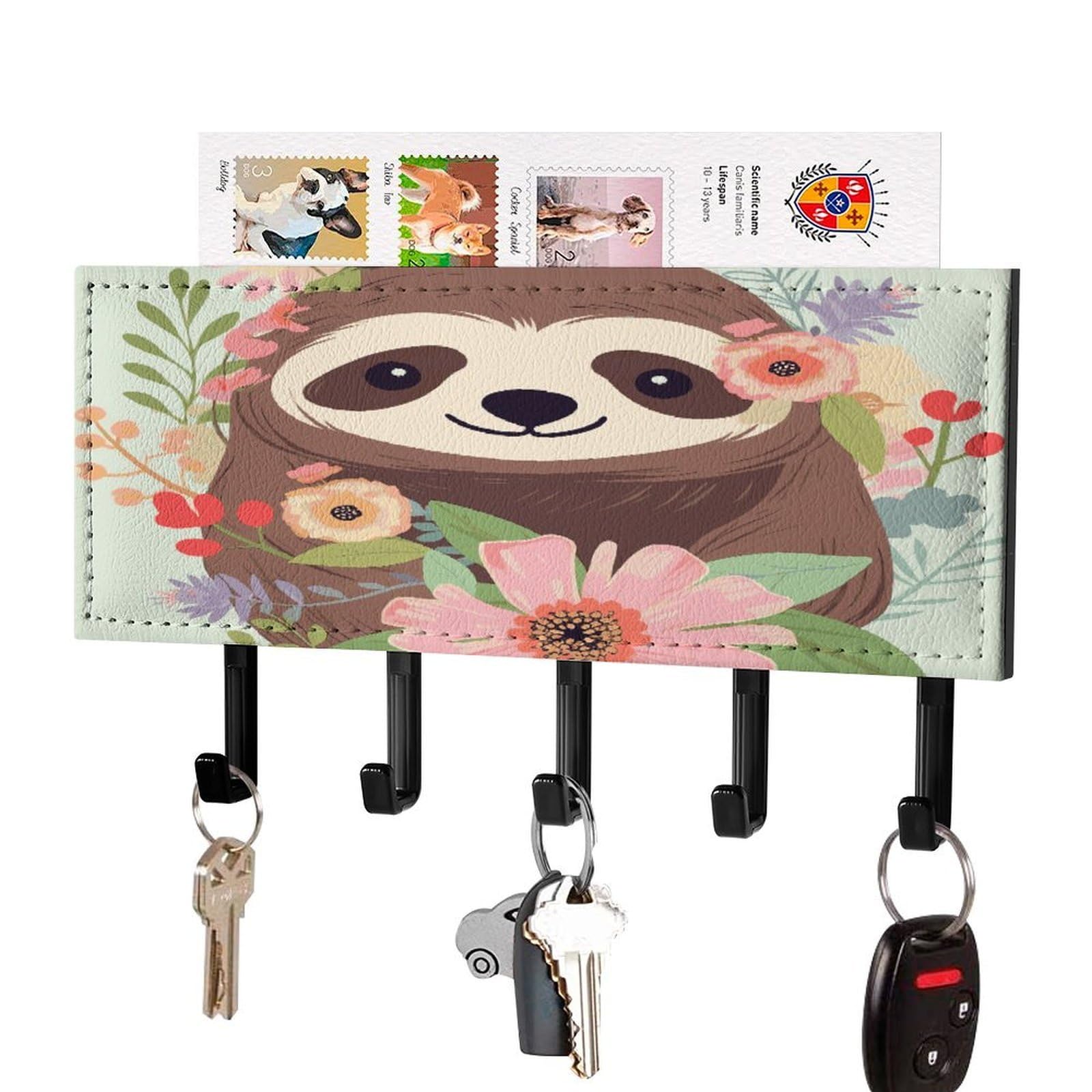 LDGSUPH Sloth and Flowers Key Holder Wall Mount Key Hanger with 5 Hooks Fashion Key Organizer Rack Hanging Key Hooks with Mail Organizer Key Rack for Home Entryway Hallway Black-Style