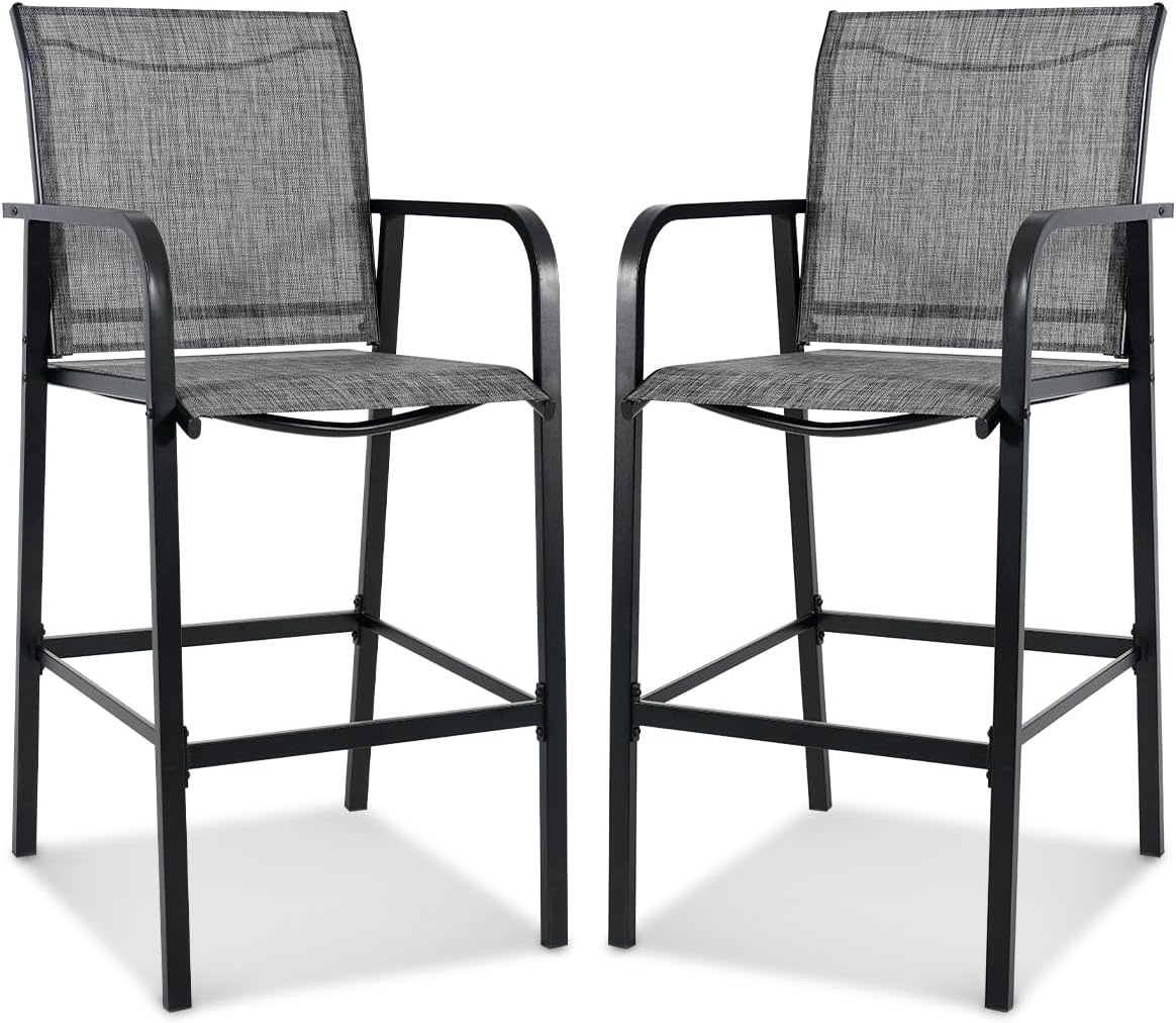 Sundale Outdoor Metal Bar Stool Set of 2, Counter Height Patio Pub Chair with Back, Quick Dry Breathable Sling Tall Barstool for Deck Balcony, Steel - Gray