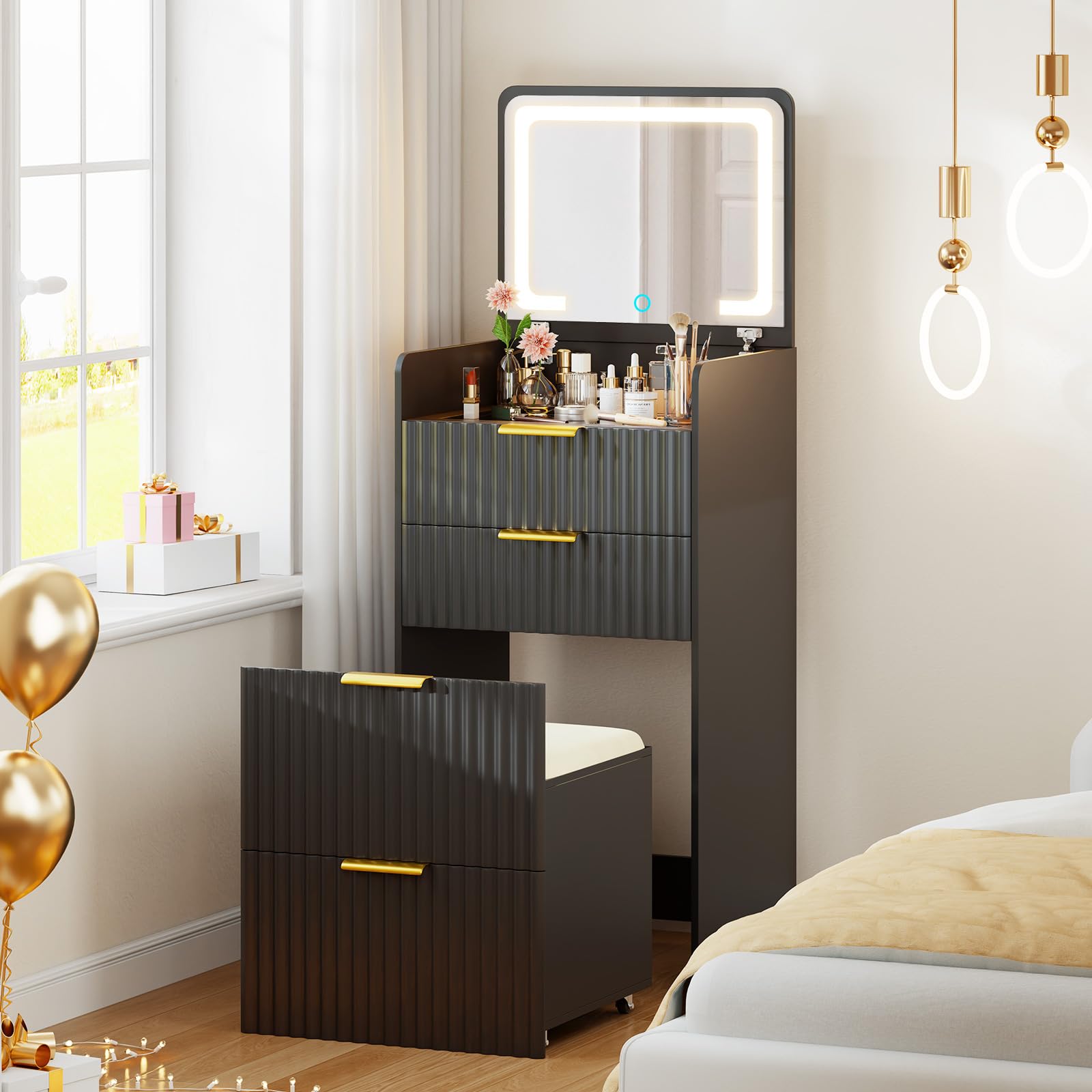 Gurexl Fluted Small Vanity Desk with Mirror and Lights, 3-in-1 Compact Makeup Vanity Set with Hidden Storage Stool, Mini Dressing Table with 3 Drawers