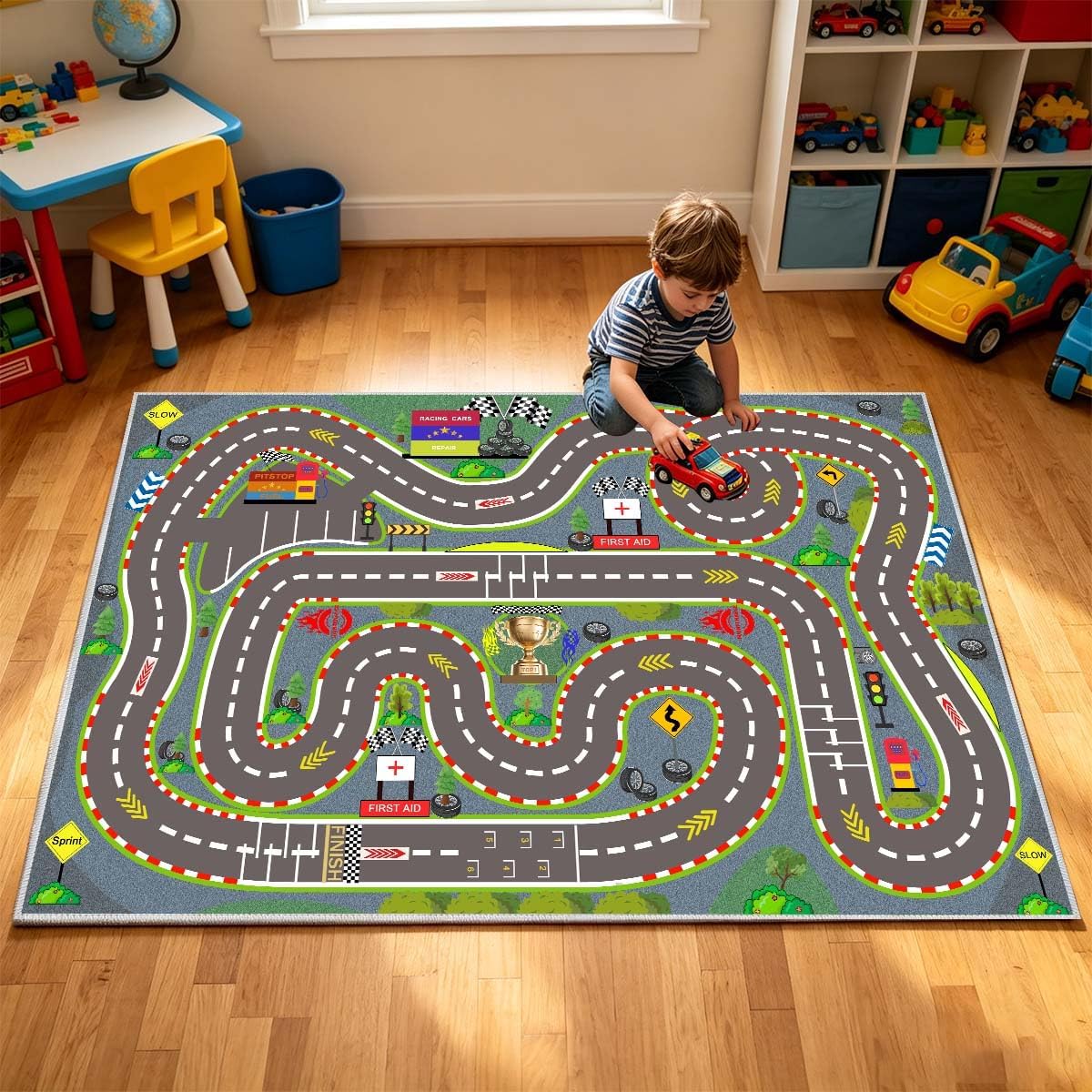 Kids Rug, Race Track Playmat Rugs 47×31 in Kids Carpet with Rubber Backing, Start and Finish line Racing Track Marking Car Road Race 3D Play Mat Nursery Rugs for Children Bedroom Playroom