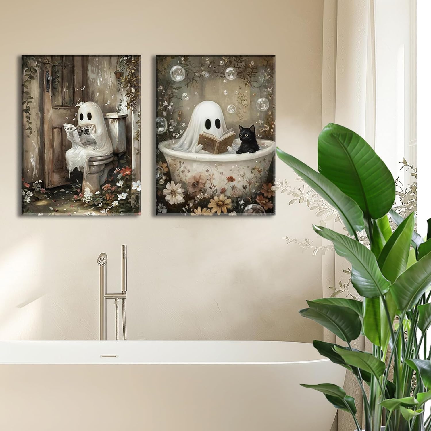 Framed Ghost Canvas Wall Art Set of 2 Cute Ghost Cat Reading in Bathtub Painting Rustic Whimsical Halloween Poster Picture Prints Décor for Bedroom Bathroom Restroom Spa 16x24 Inch