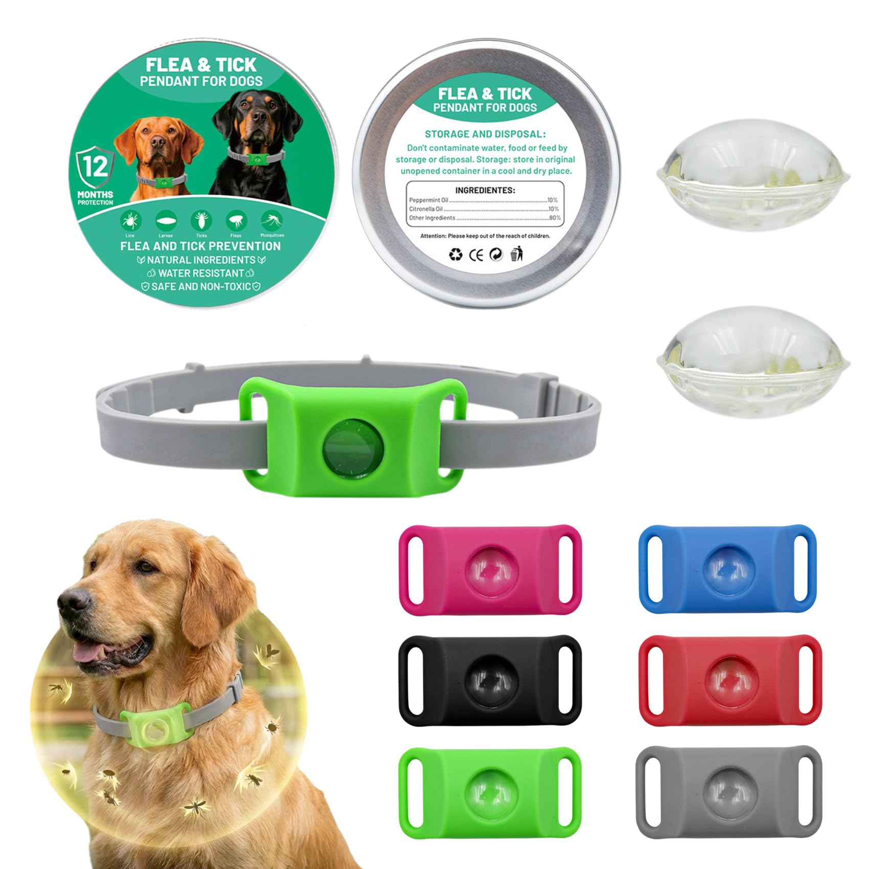 Aqualitypets Collier Anti Parasitaire Chien - Pendentif Répulsif Naturel Huiles Essentielles - Médaillon Réglable Contre Puces et Tiques pour Chien et Chat - Protection Durable (Vert, 1PCS)