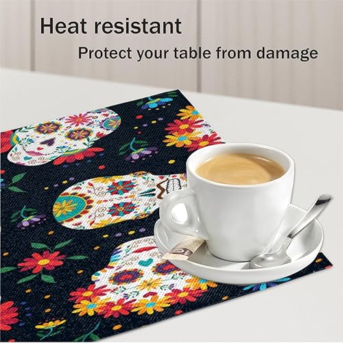 Miniatura 5 de Fun Sugar Skulls Decor Placemats Set of 4 Table Mats Washable Placemat Waterproof Place Mats for Party Home Dining Table Decor 18x12 in