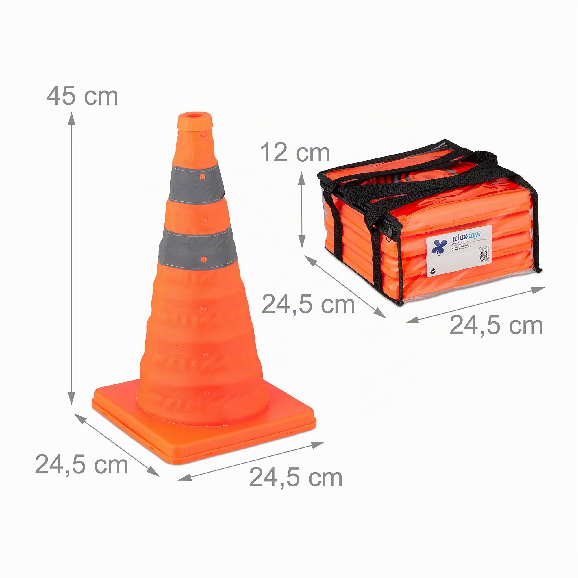 Relaxdays Cône de signalisation, lot 4, Pliable, Bandes réfléchissantes, HLP : 45 x 24,5 x 24,5 cm, Orange et argenté