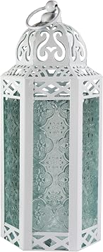 VELA LANTERNS White Moroccan Candle Lantern Decorative Candle Holder Lamp for Table or Hanging, Ramadan Decorations, Indoor Home Decor, Outdoor Patio or Porch, Weddings, Clear Glass, Medium